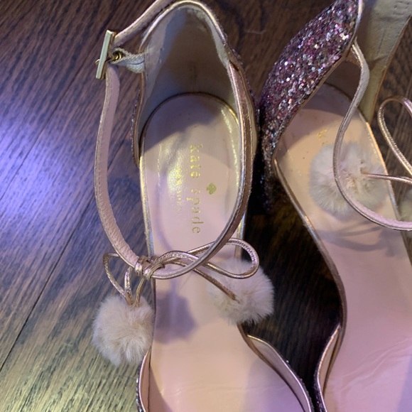 Kate Spade Abigail Rose Gold Glitter/ Nappa pumps w/faux-fur pom-pom sz 10 $328 - Picture 7 of 8